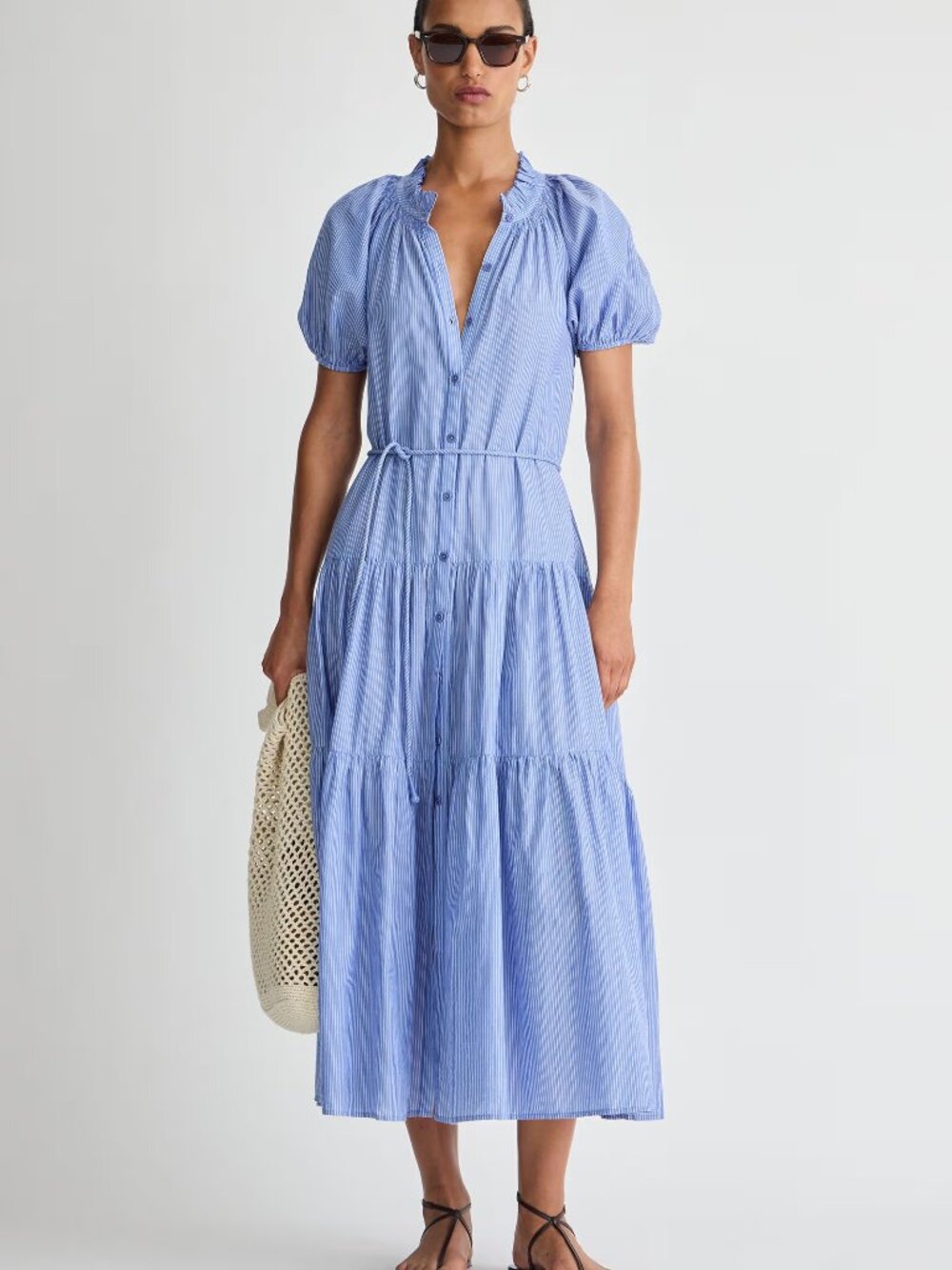 NWT Apiece Apart Mazza Maxi Dress Blue Cotton Belted Tiered Size S